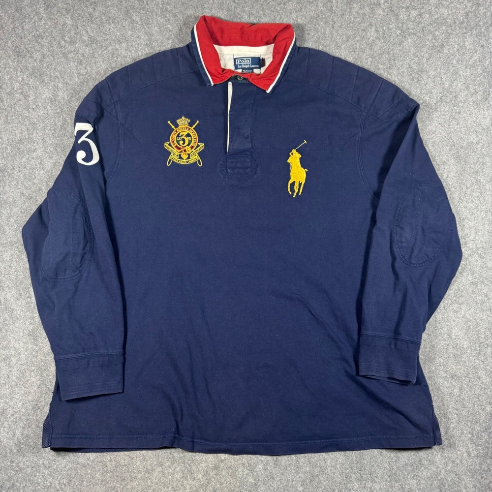 VTG Polo Ralph Lauren Rugby Shirt Mens 3XLT Navy Big Pony Crest Elbow Patch